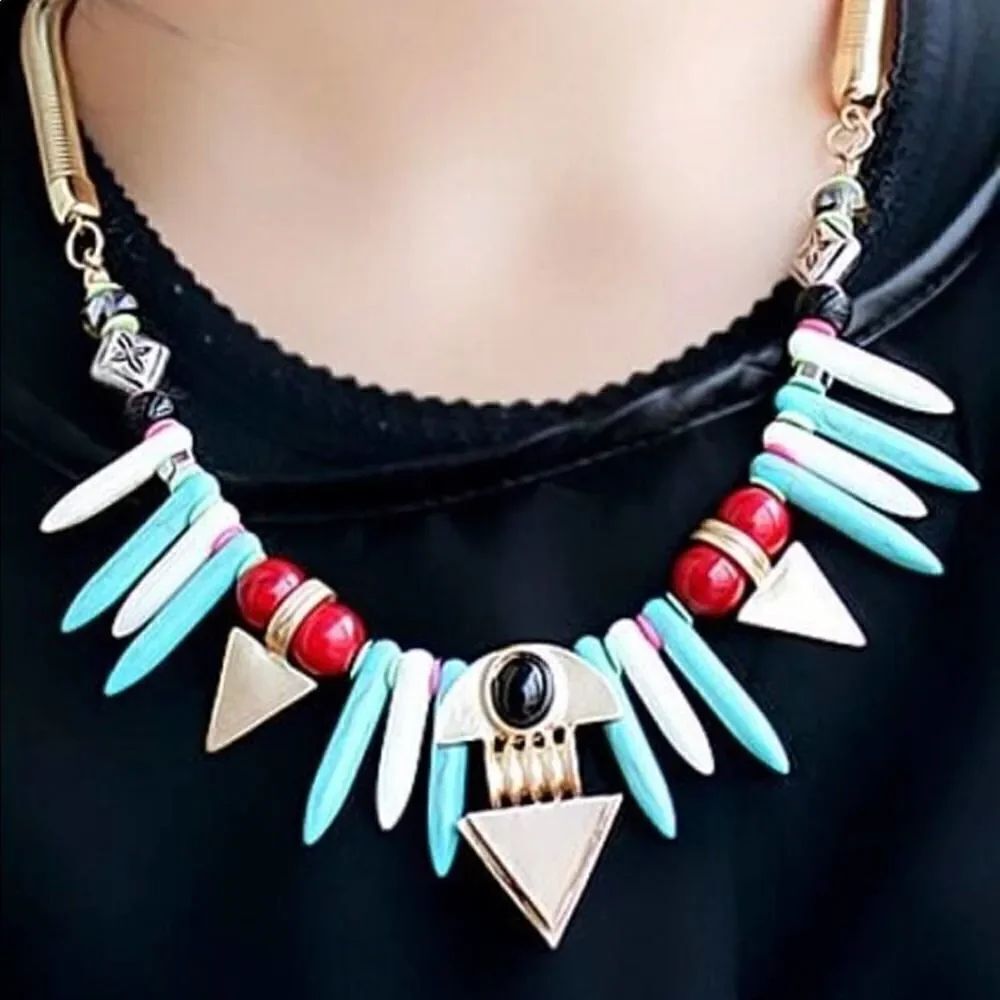 2/$30 Aztec Wood Turquoise Statement Necklace